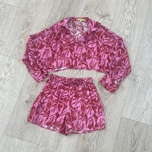 Tell Your Friends Pink and Red Leaf Print Crop Top and Shorts Set